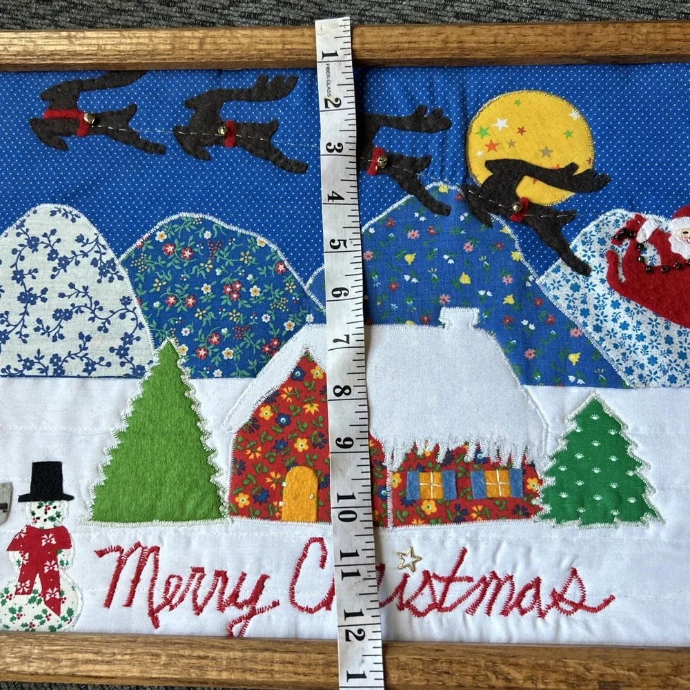 80s Handmade Quilted Merry Christmas Holiday Wall Art Wood Framed Appliqué Decor
